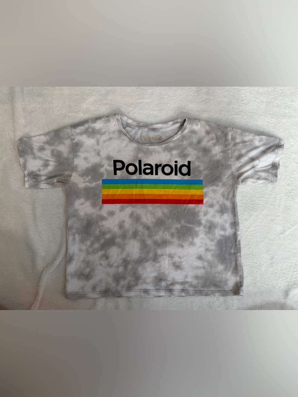 Polaroid Girls Gray Tie-Dye Rainbow Logo Cropped T-Shirt Size L 10/12